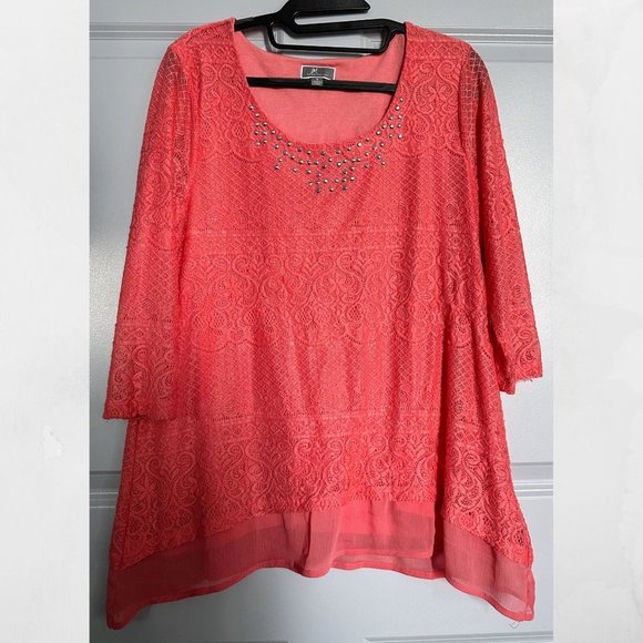 JM COLLECTION Lace Chiffon Hem Top Coral Size Small - Picture 2 of 4